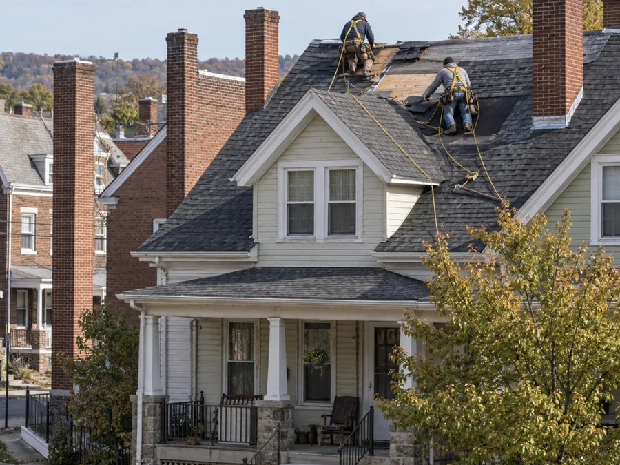 Roofers replacing shingles on the steep roof of an older twin home