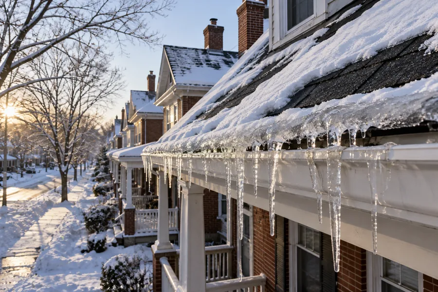 Ice ridge and icicles along the eaves of a twin home after a snowfall
