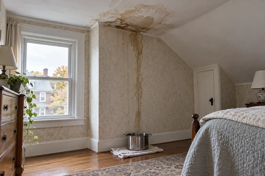 Water stain on a plaster ceiling beside a chimney wall in a top-floor bedroom