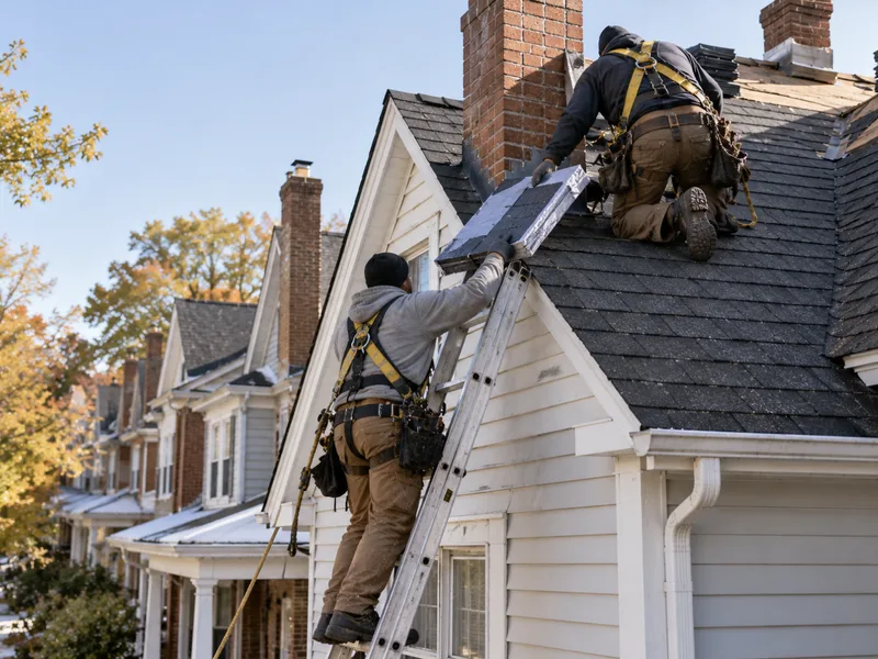 Roofer on a ladder handing a bundle of shingles up to the roof of a twin home