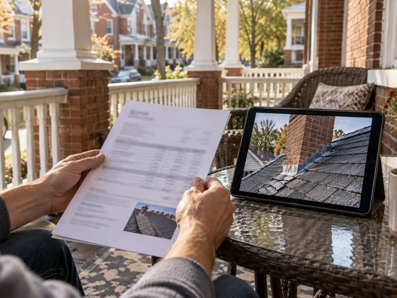 Homeowner reviewing an itemized estimate and roof photos on a front porch