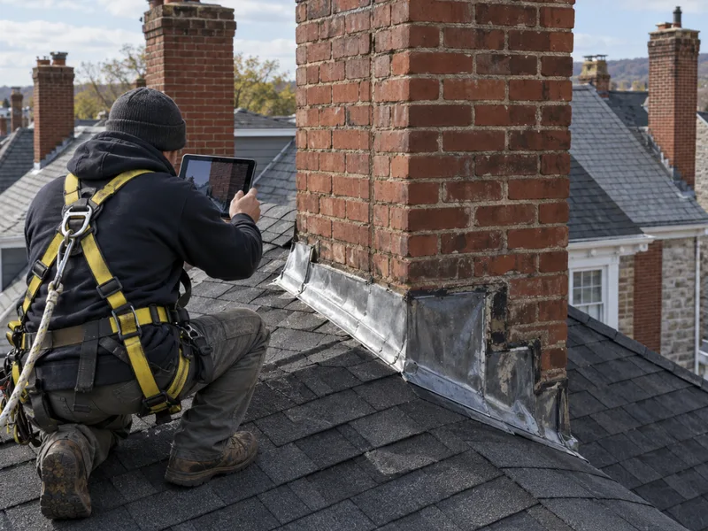 Roofer photographing the flashing at a chimney on a twin-home roof
